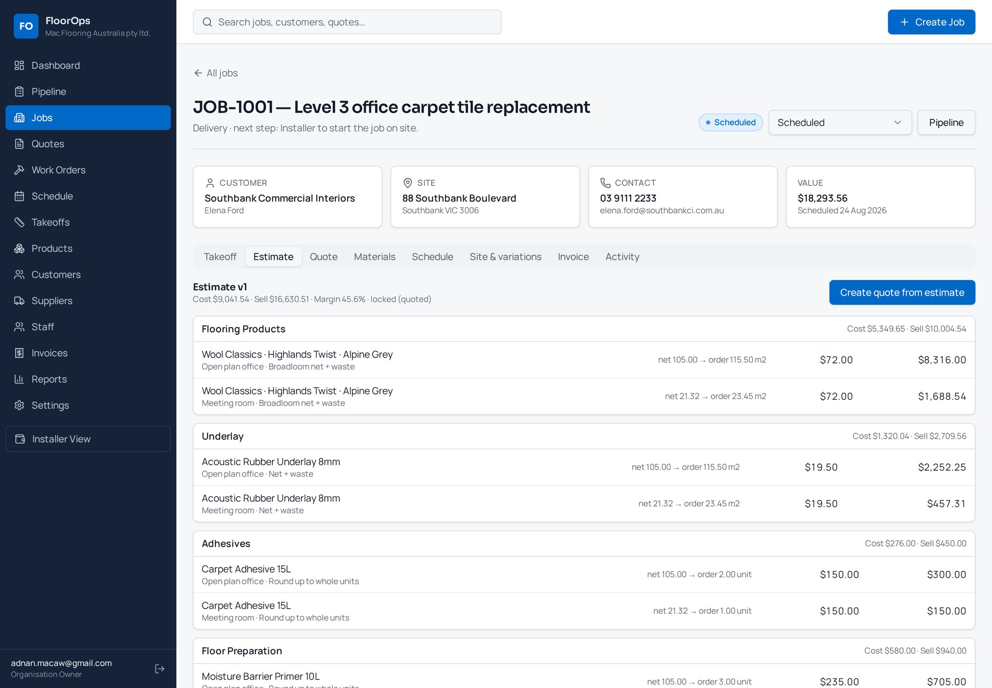 Estimate generated from the takeoff with cost, sell and margin