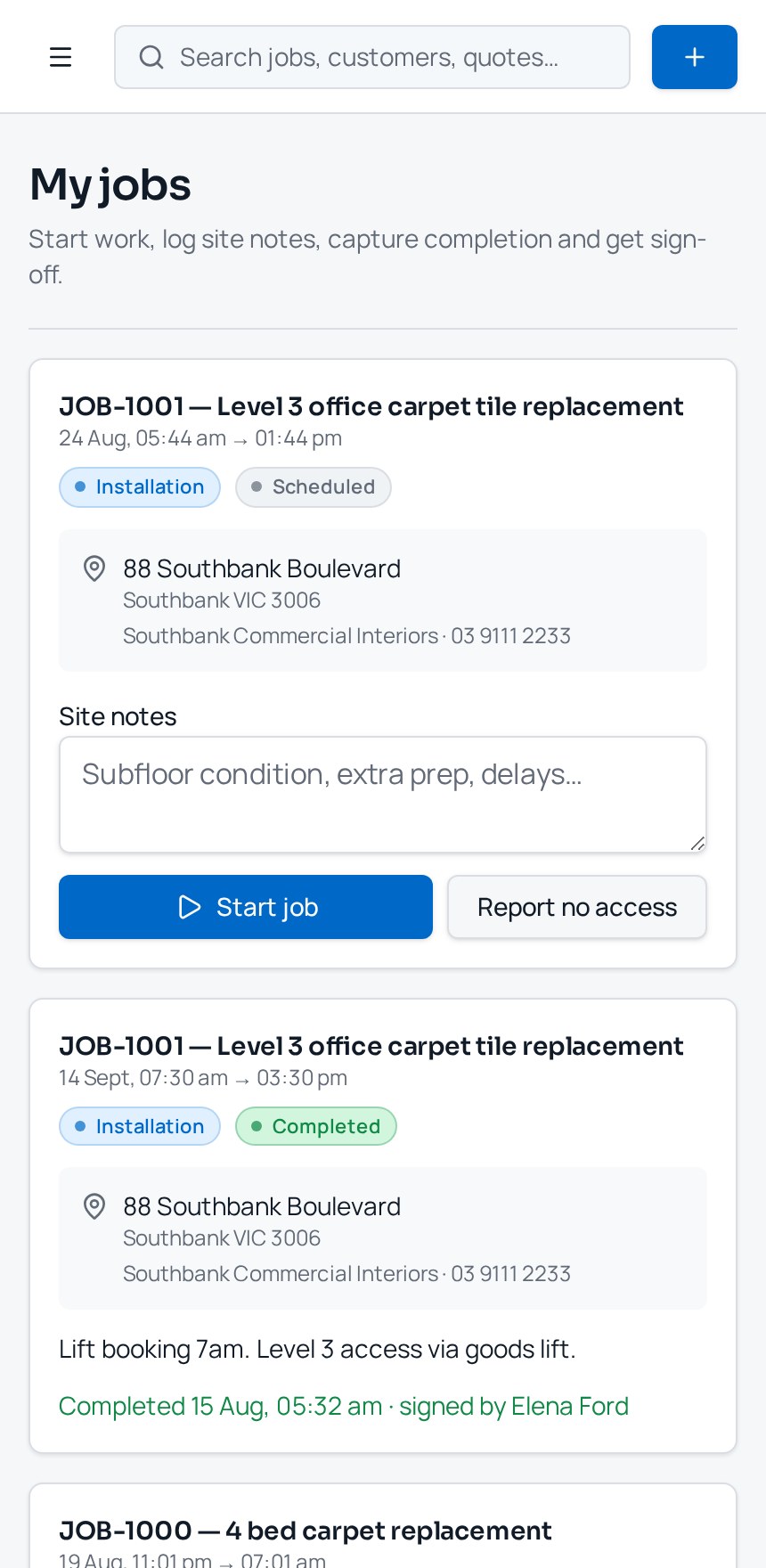 Installer view on mobile — start job, site notes and sign-off