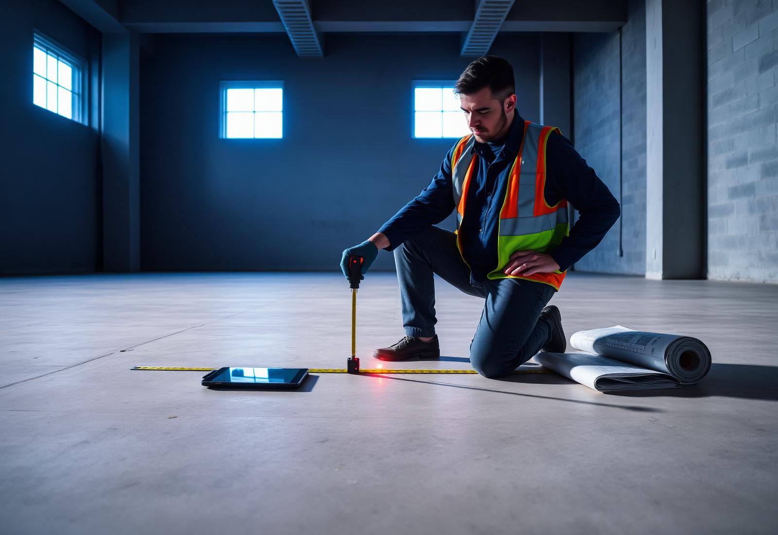 Flooring estimator laser-measuring a bare concrete slab on a commercial fit-out